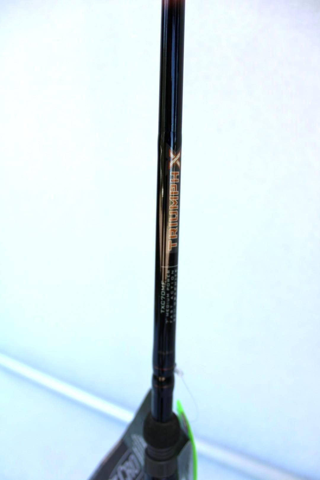 Close-up of a black fishing rod standing upright against a light background.