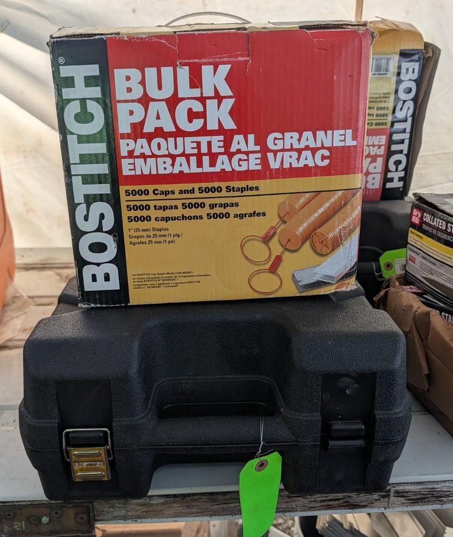 Bostitch bulk pack box on a black toolbox, with another box partially visible in the background.
