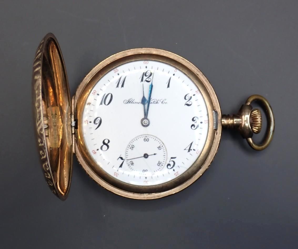 Open gold pocket watch with white face