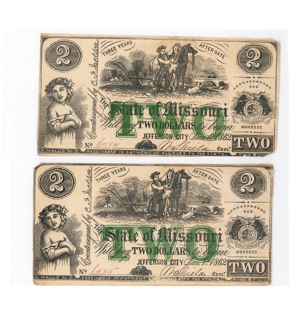 Two sepia vintage $2 banknotes stacked vertically, each with a green overprint and ornate border.