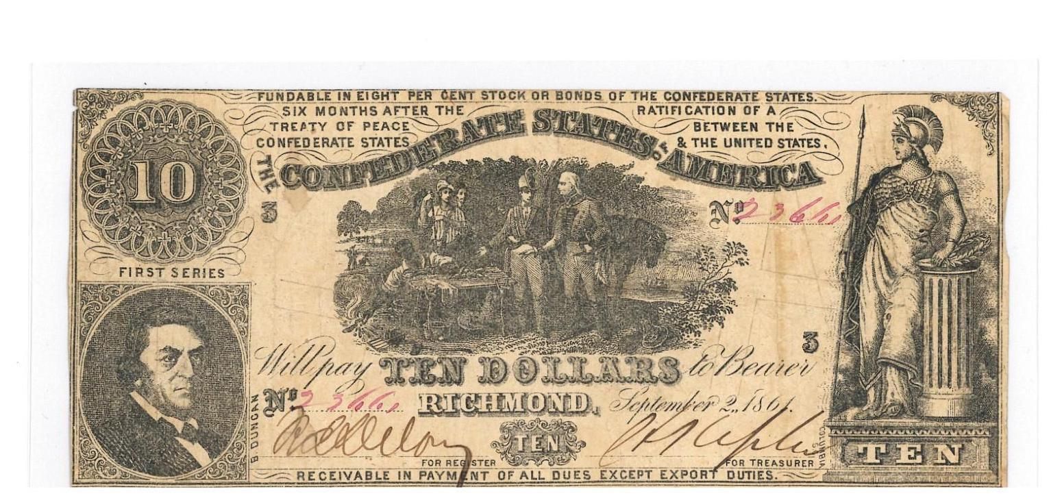 Vintage $10 bill with ornate black-and-brown engraving and portrait on the left.