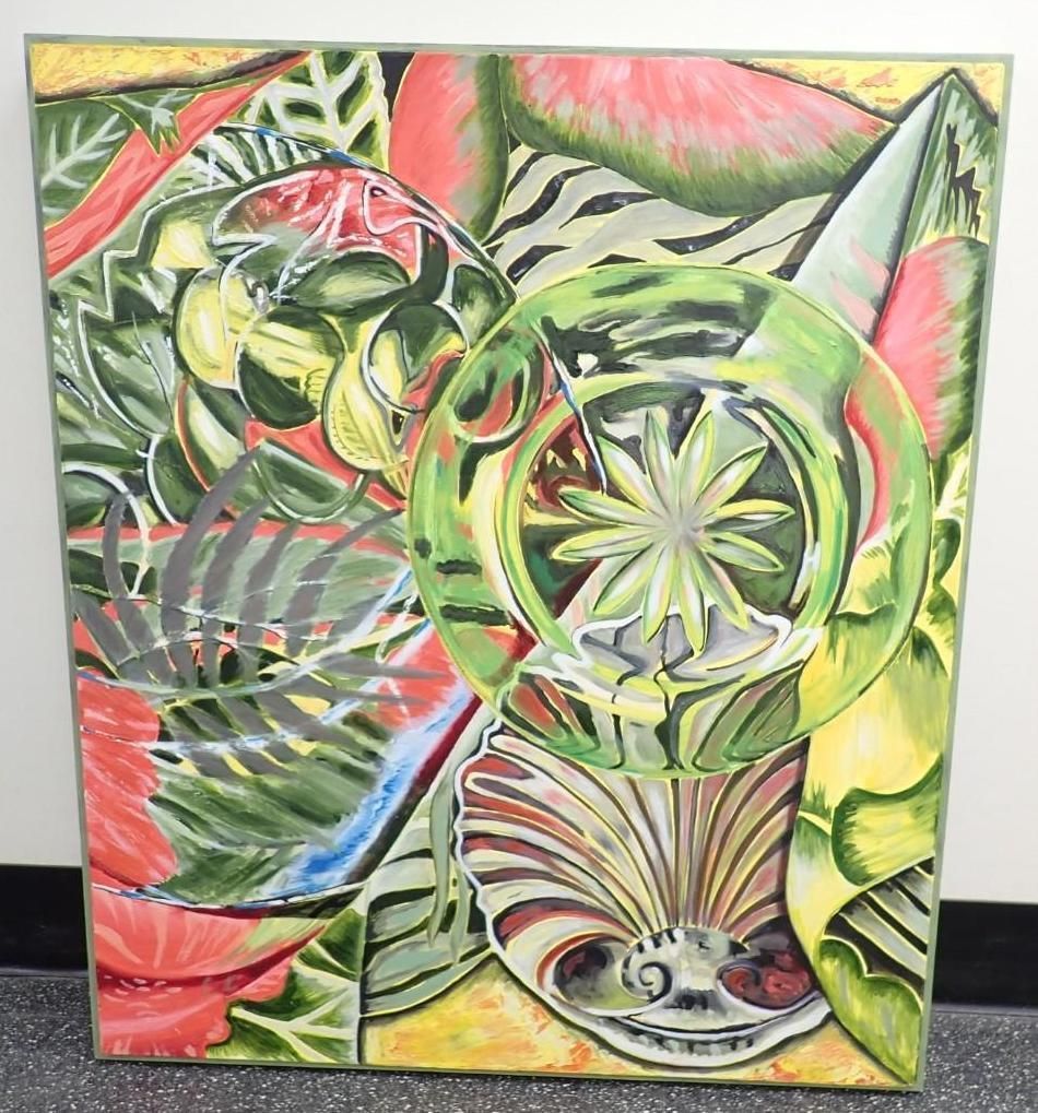 Abstract colorful painting with green, red, yellow, and black swirling leaf-like forms and circular motifs