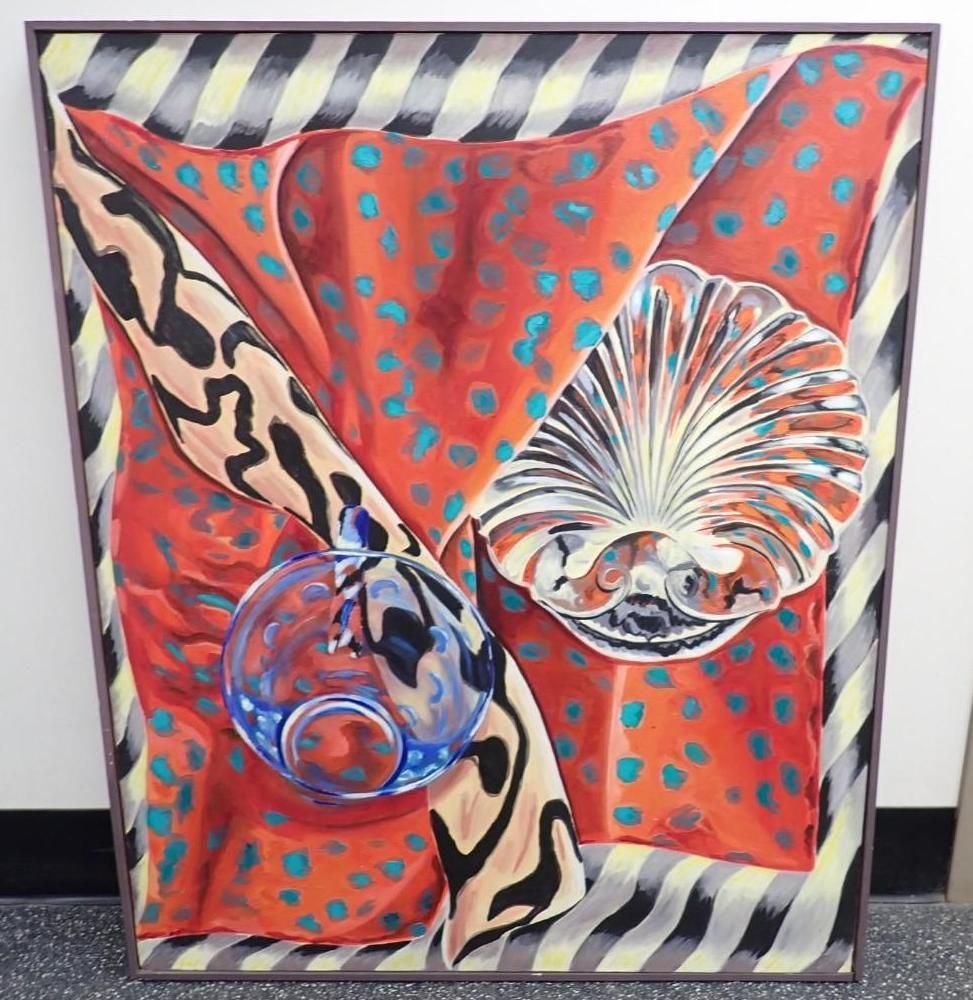 Abstract colorful artwork with coral, blue, black, and cream patterns in a framed composition