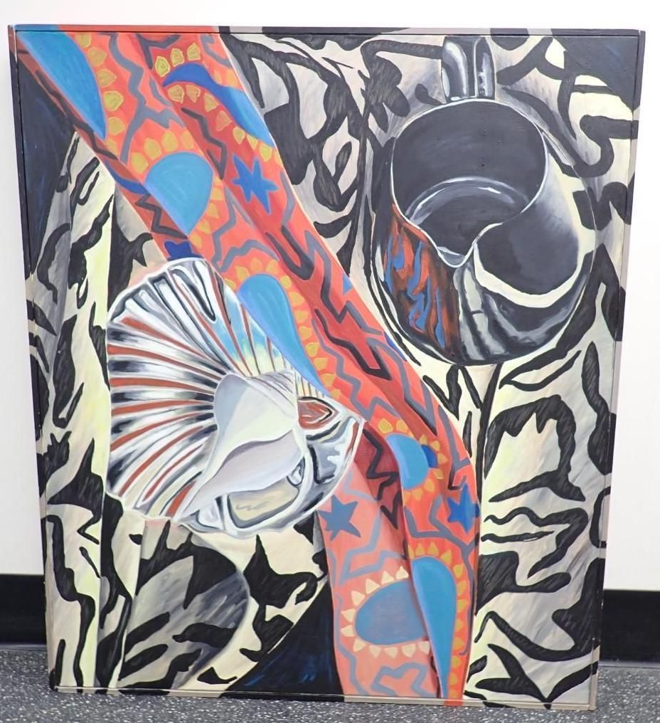 Abstract painted canvas with bold black, orange, blue, and white swirling patterns and a circular face-like motif