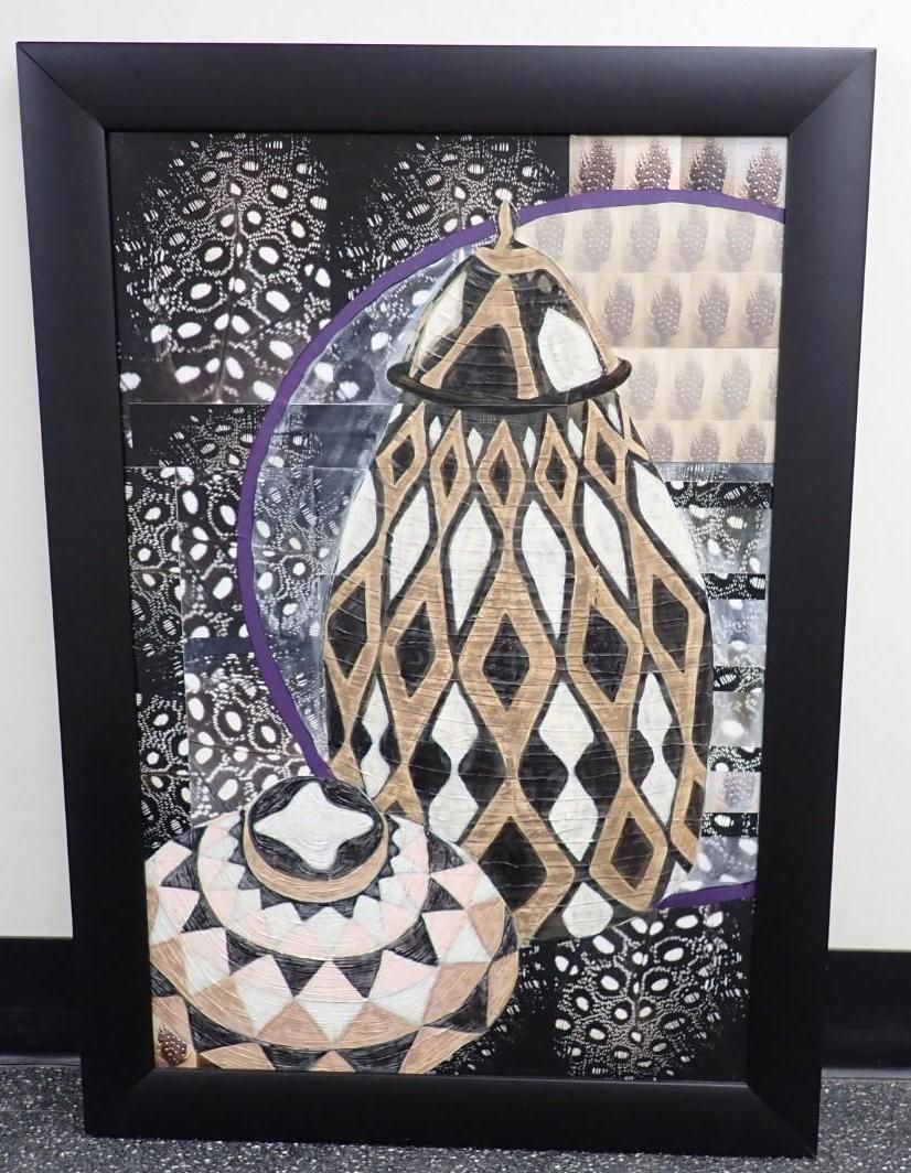 Framed abstract art with black, beige, and purple geometric patterns and two patterned vase shapes