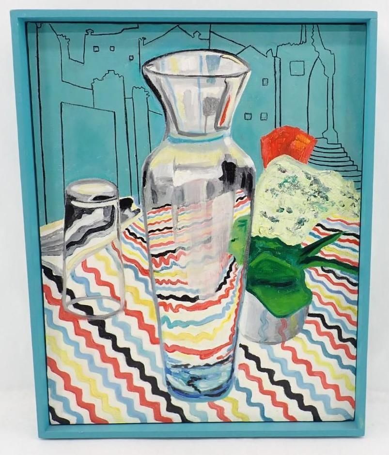Still life painting of glass carafe, bottle, and green vase on a zigzag-patterned tablecloth