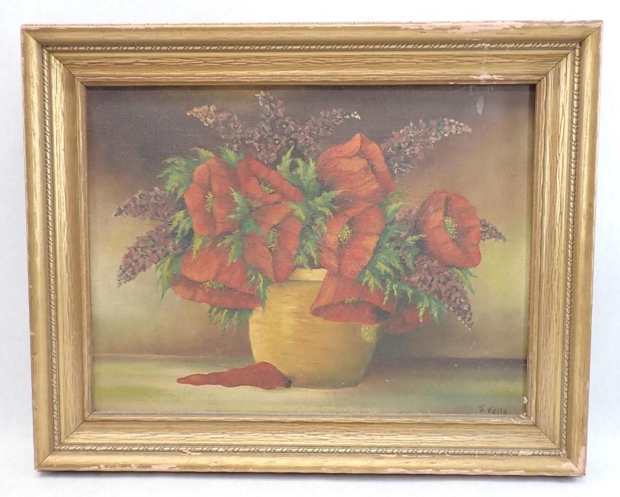 Framed painting of red flowers in a yellow vase on a muted background