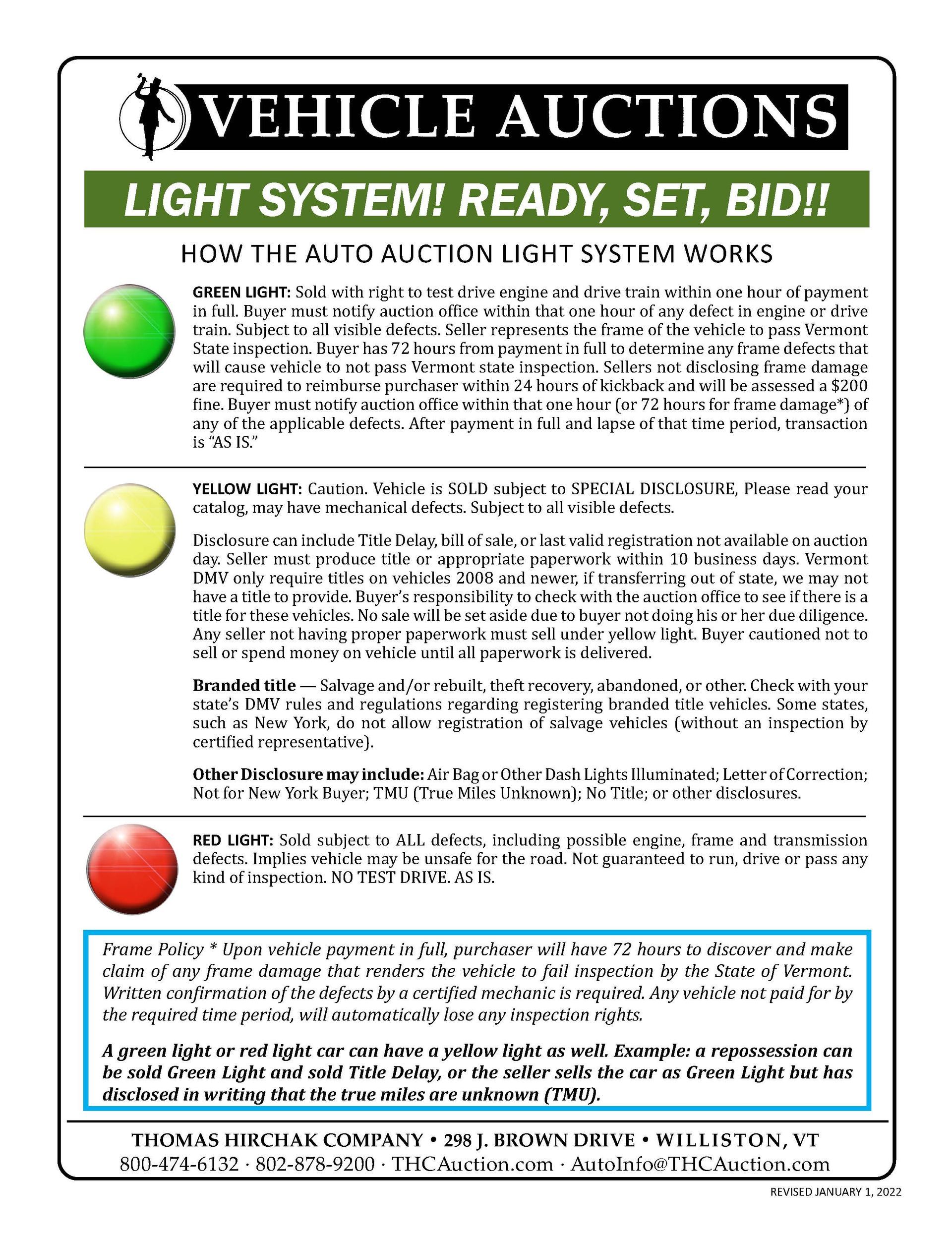 Click to Open PDF Vehicle auctions sign with green, yellow, and red light system; instructions for bidding.