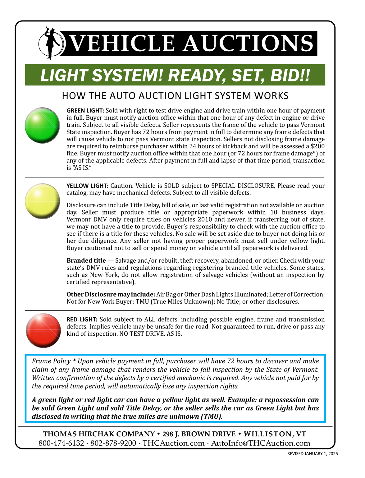 Poster explaining a vehicle auction light system. Green, yellow, and red lights indicate different auction stages.