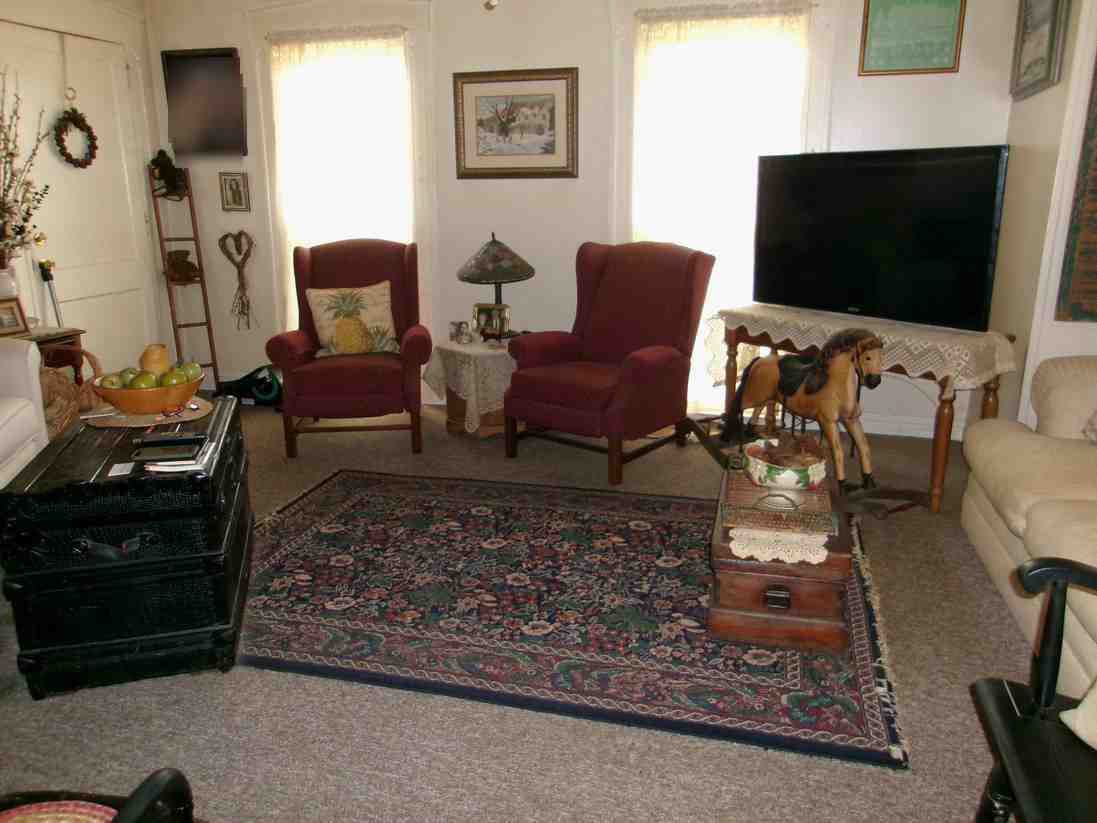 Living room with red armchairs, patterned rug, TV, and lamp in a cozy, sunlit space