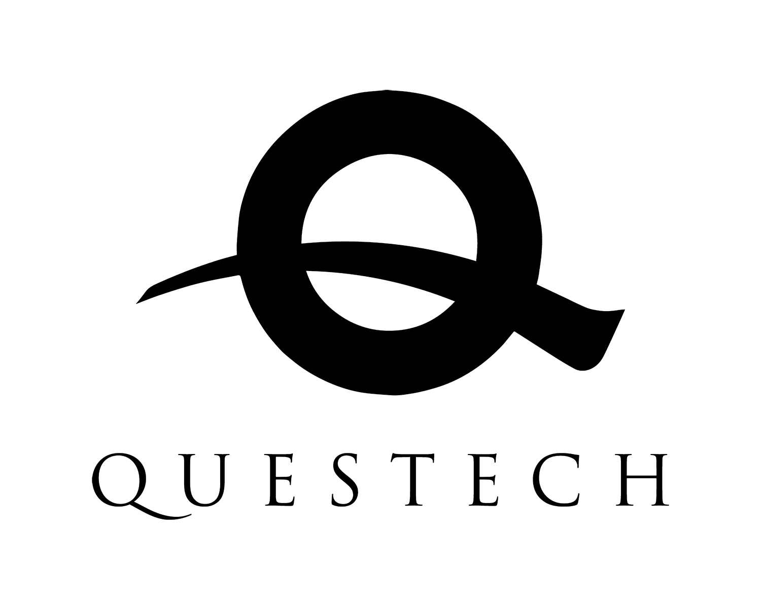 Logo for Questech, black letter Q with a curved stroke. Text