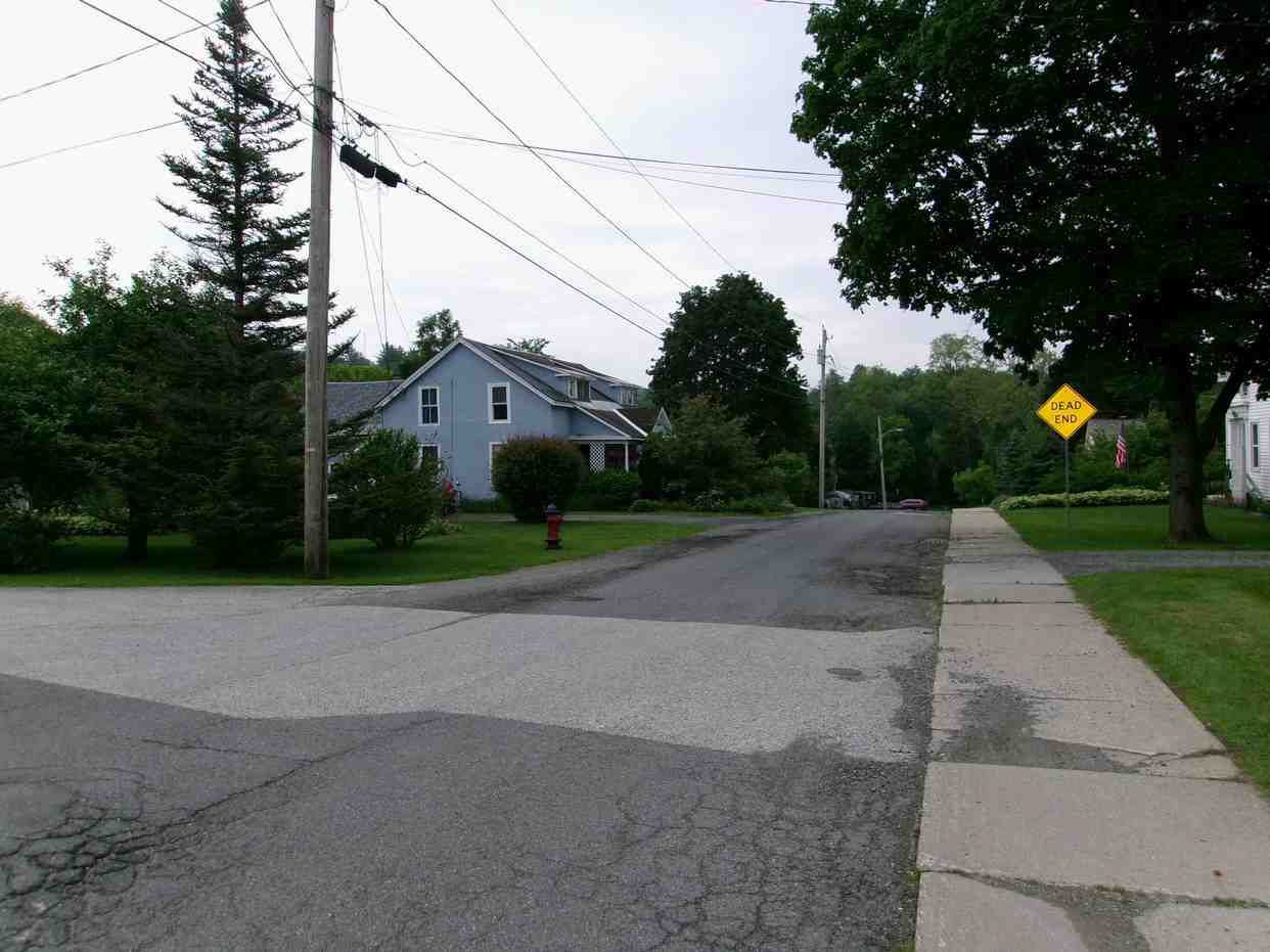 Quiet suburban street with a blue house, trees, and a yellow road sign at an intersection