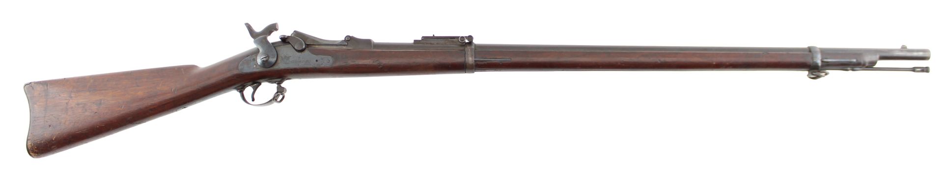Antique long rifle with wooden stock, side view, isolated on white background