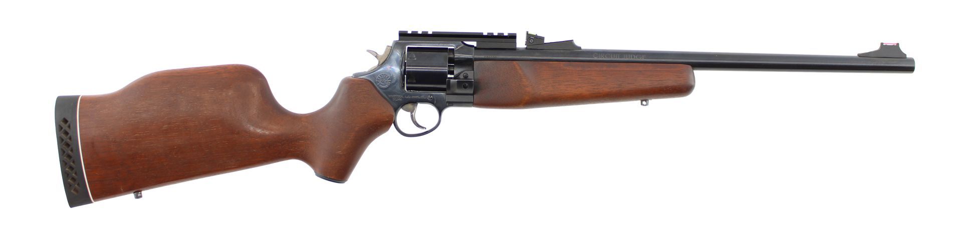 Wooden-stock rifle with black barrel, shown in side view on a white background