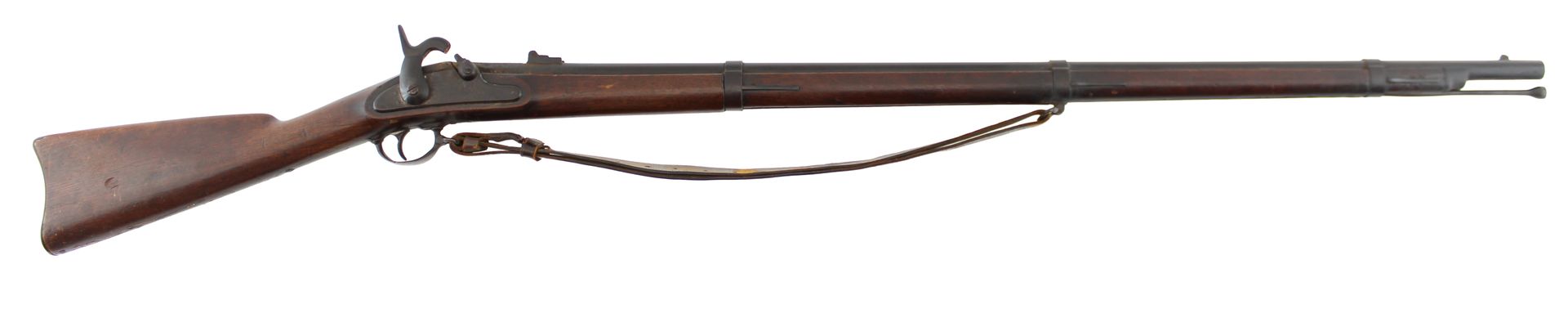 Antique long rifle with wooden stock and leather sling, shown in side view on a white background