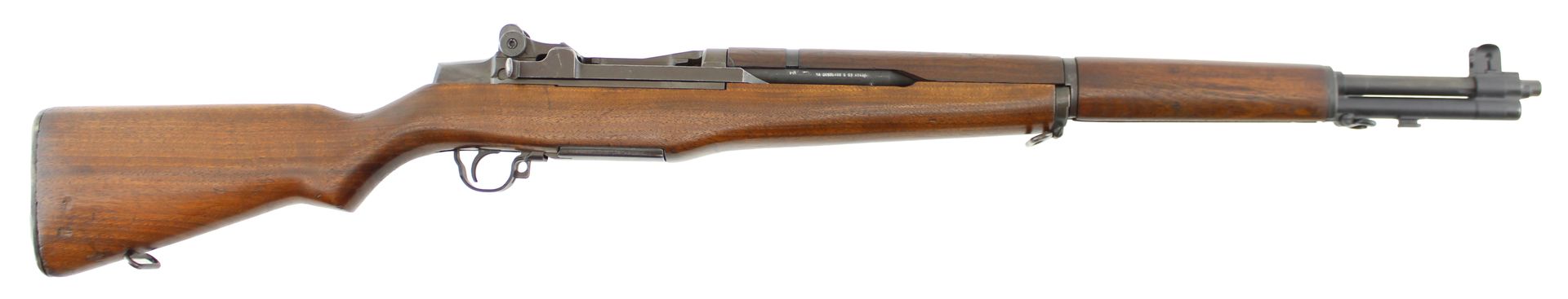 Wooden bolt-action rifle with scope, shown in side view on a white background
