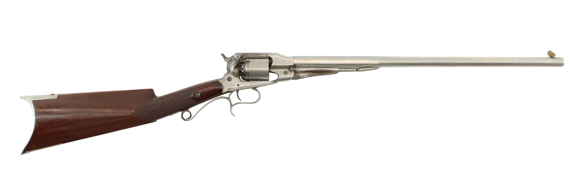 Antique flintlock-style rifle with wooden stock and long silver barrel on white background