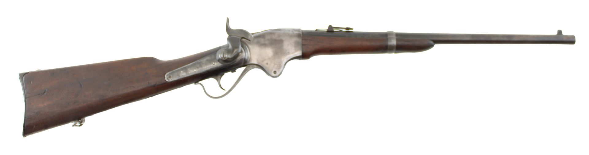 Side-view of a wooden-stock hunting rifle with a long barrel on a white background