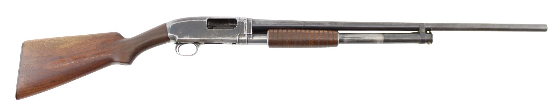 Pump-action shotgun with wooden stock and fore-end, shown in side view on a white background