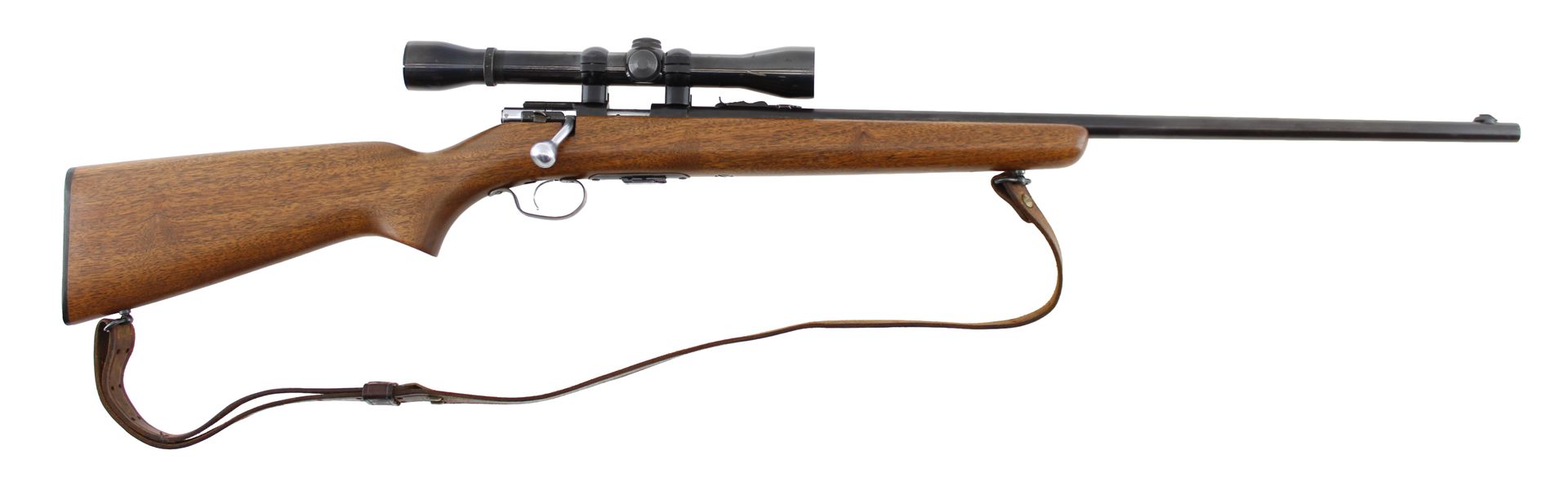 Bolt-action rifle with scope, wooden stock, and attached sling on a white background