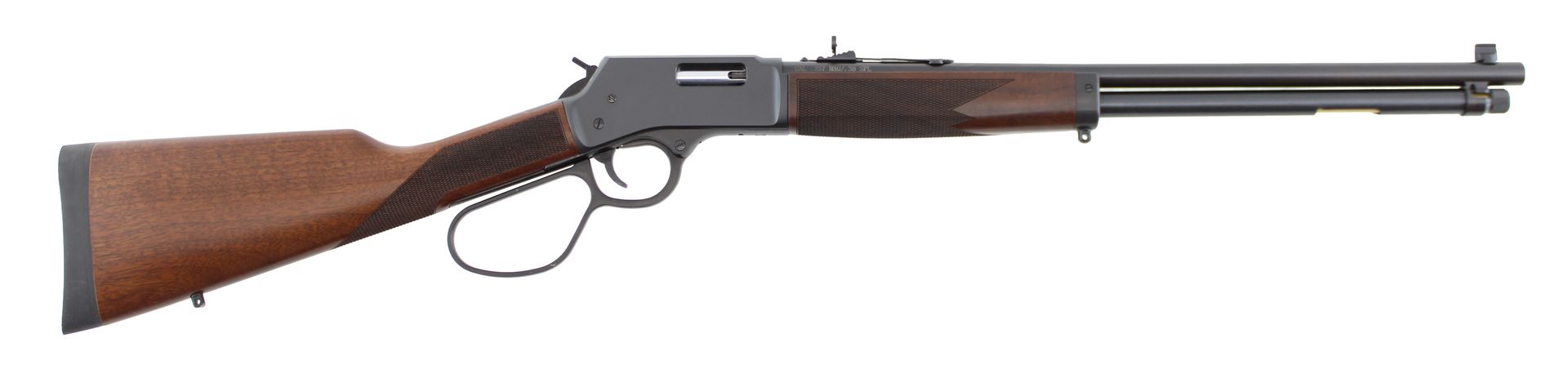 Brown wood-and-metal lever-action rifle shown in side view on a white background