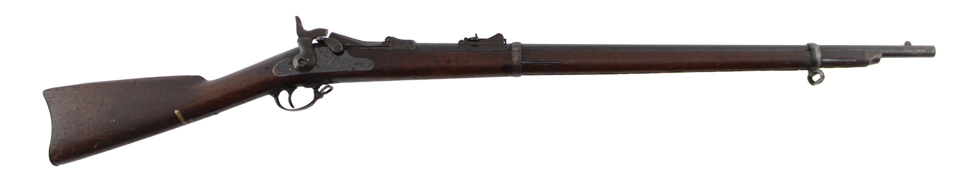 Long rifle with wooden stock and metal barrel, shown in side view on a white background