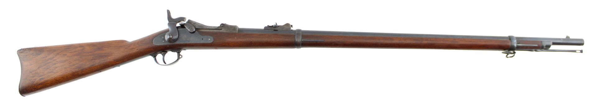 Antique long rifle with wooden stock and metal barrel, shown in side view on a white background