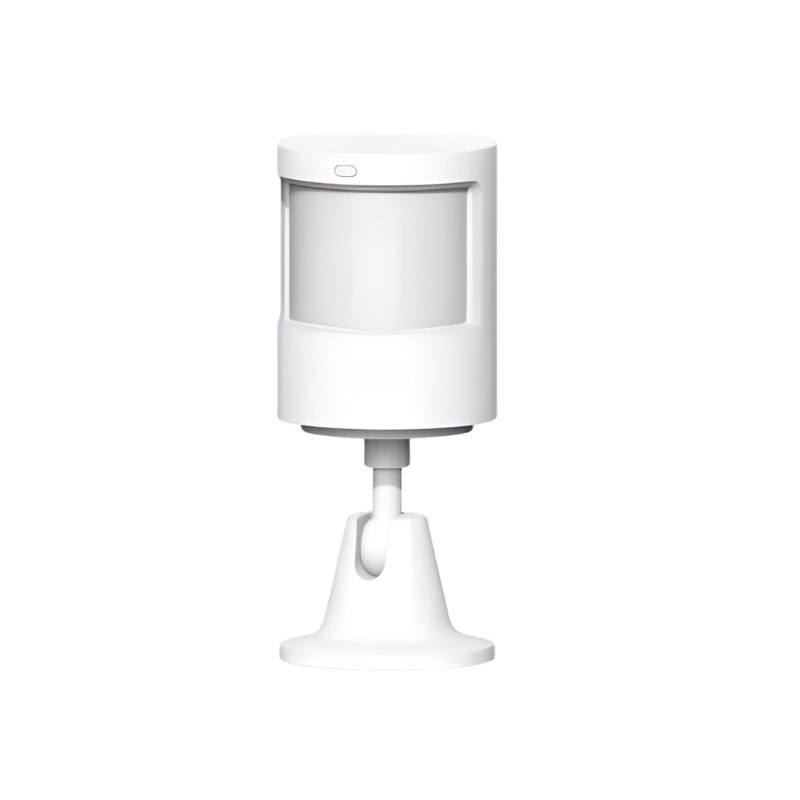 Détecteur de mouvement cylindrique blanc sur un petit support réglable ; idéal pour la sécurité domestique.