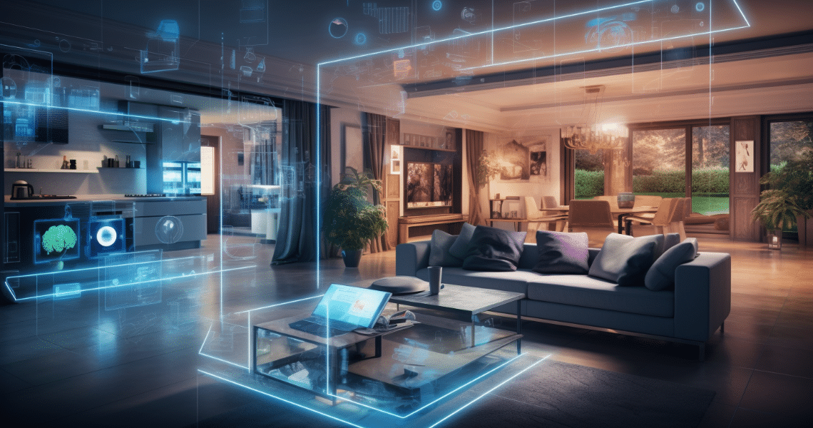Intérieur de maison intelligente avec superposition numérique ; cuisine, salon et ordinateur portable avec flux de données.