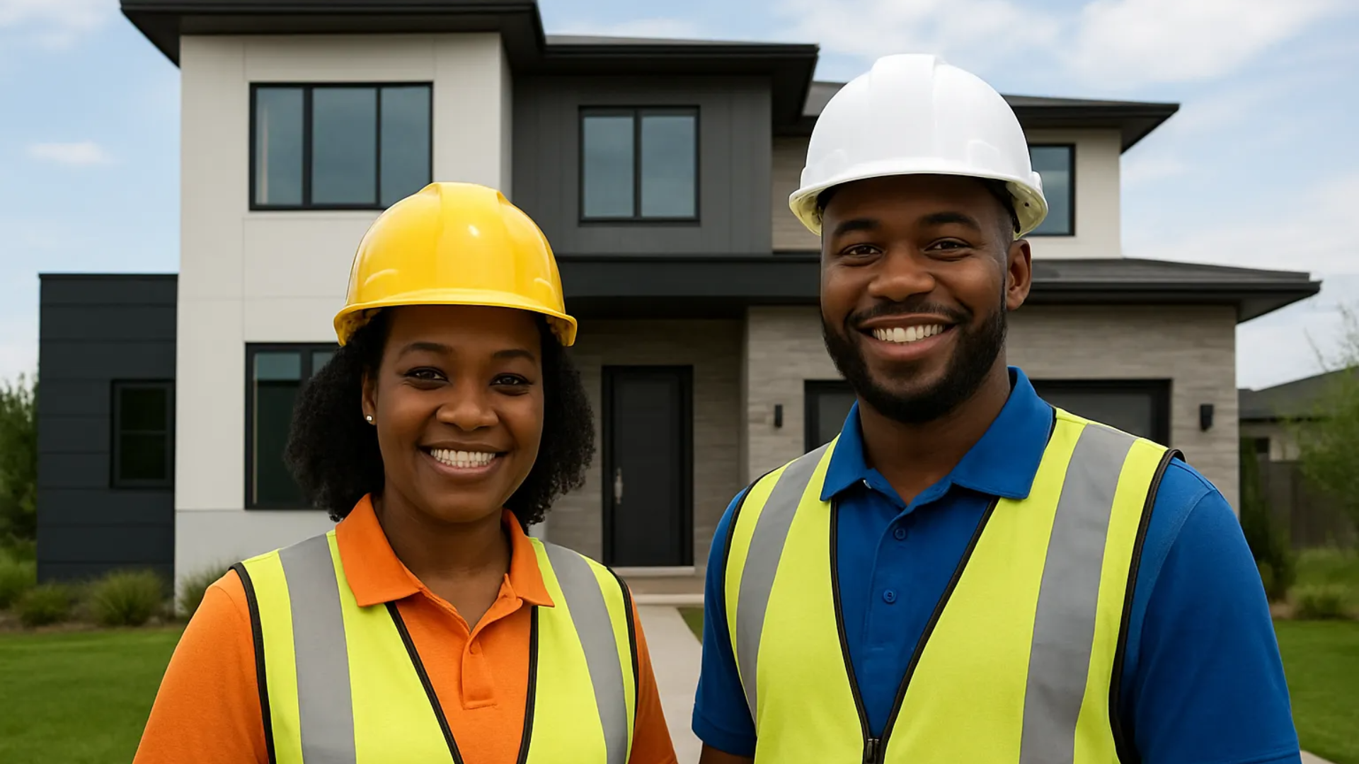 Two professionals in safety vests and hard hats smile in front of a modern house on a clear day.