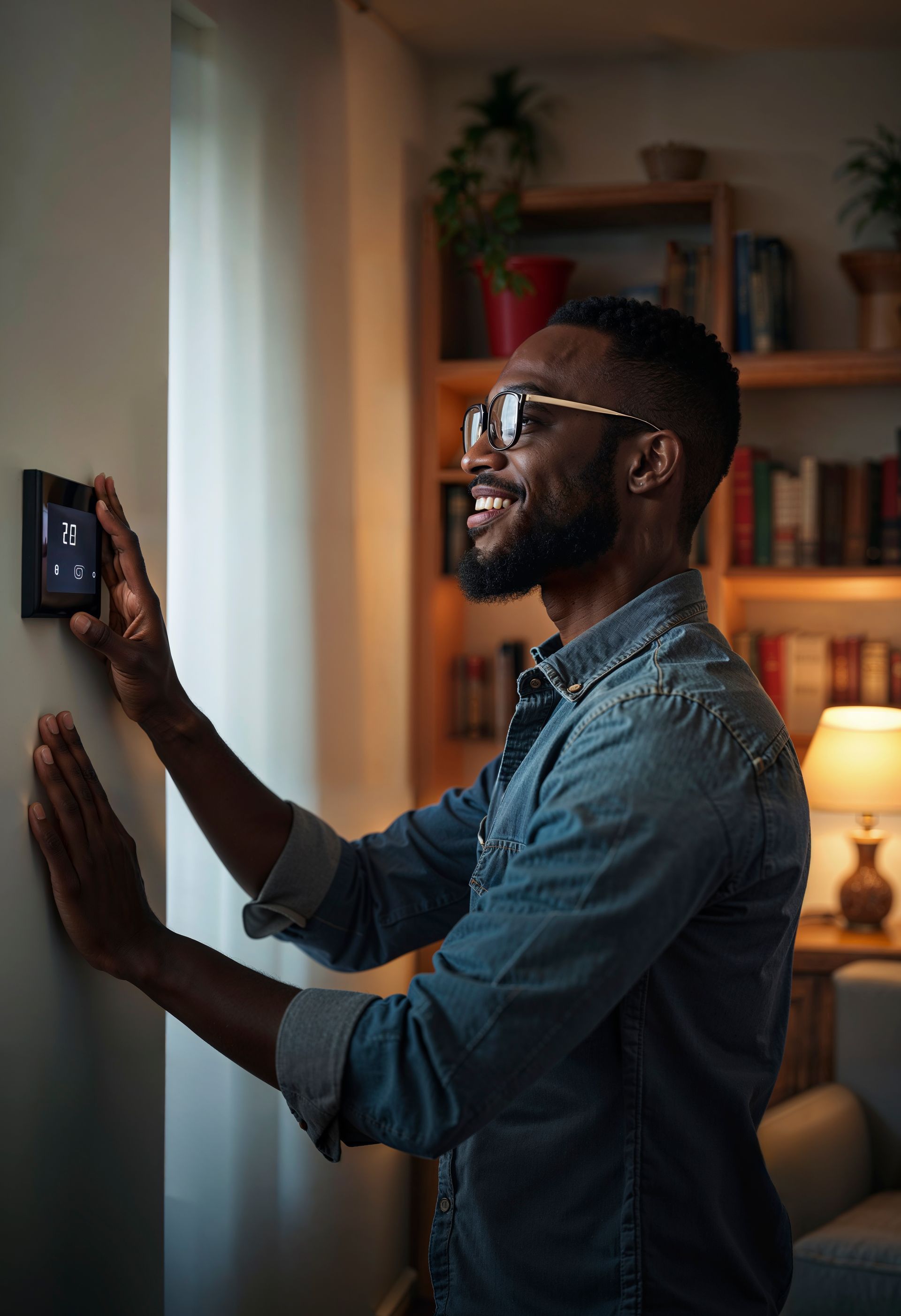 Un homme, souriant, règle un thermostat intelligent fixé au mur de son salon.