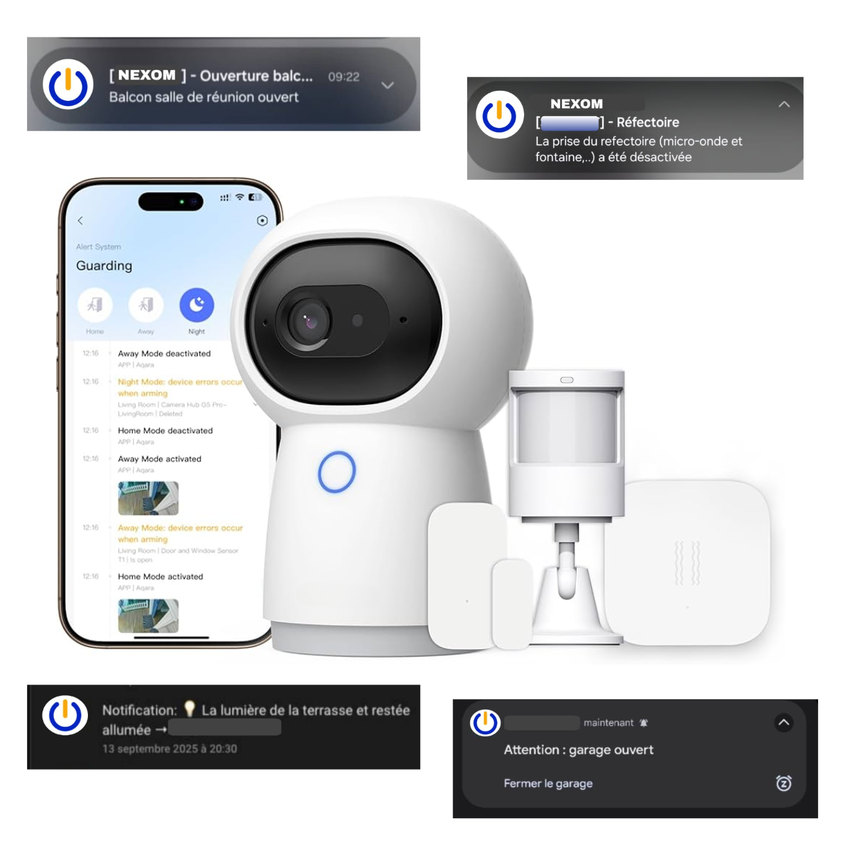 Système de caméra de sécurité blanche avec smartphone et notifications.