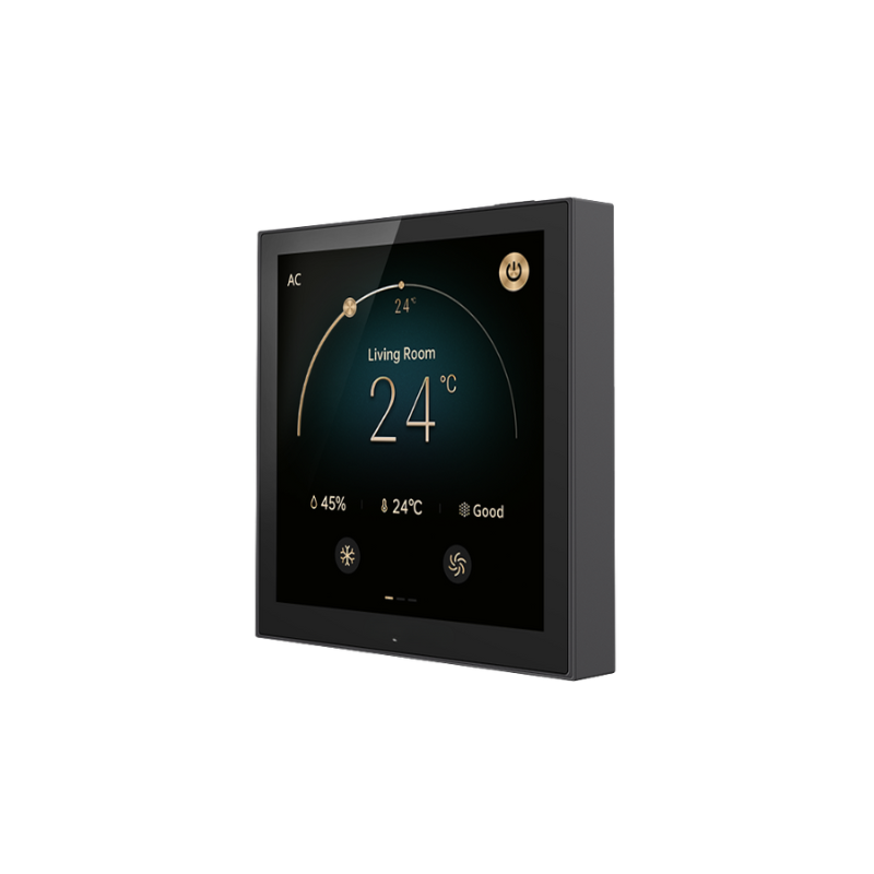 Thermostat intelligent noir affichant la température et les réglages sur un mur.