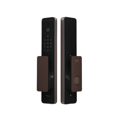 Serrure de porte intelligente avec clavier et poignée marron et noire.