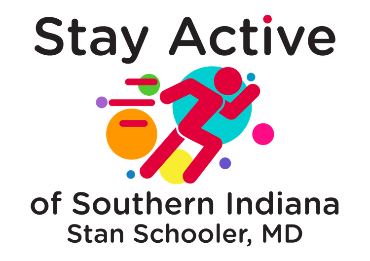 Stay Active logo with colorful running figure and text “of Southern Indiana Stan Schooler, MD”