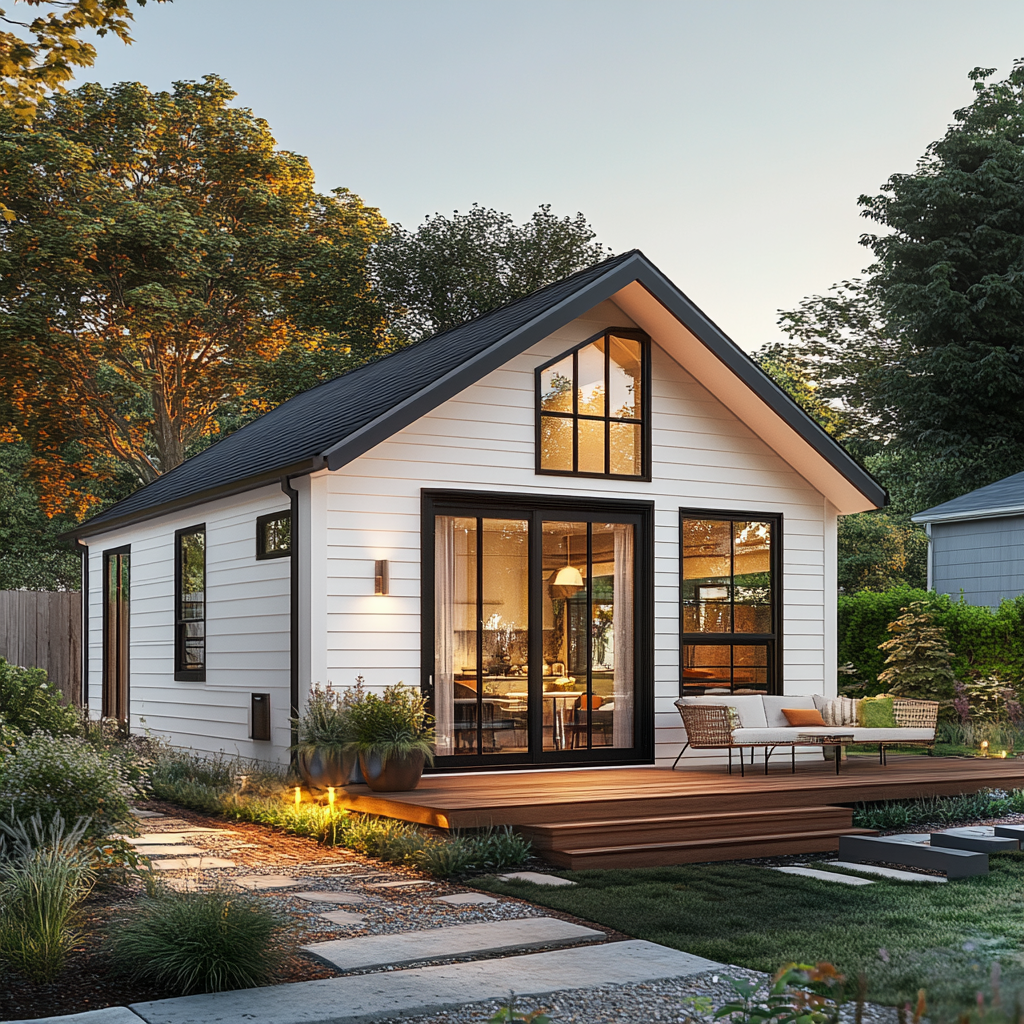 A modern accessory dwelling unit (ADU) with large windows and contemporary design.