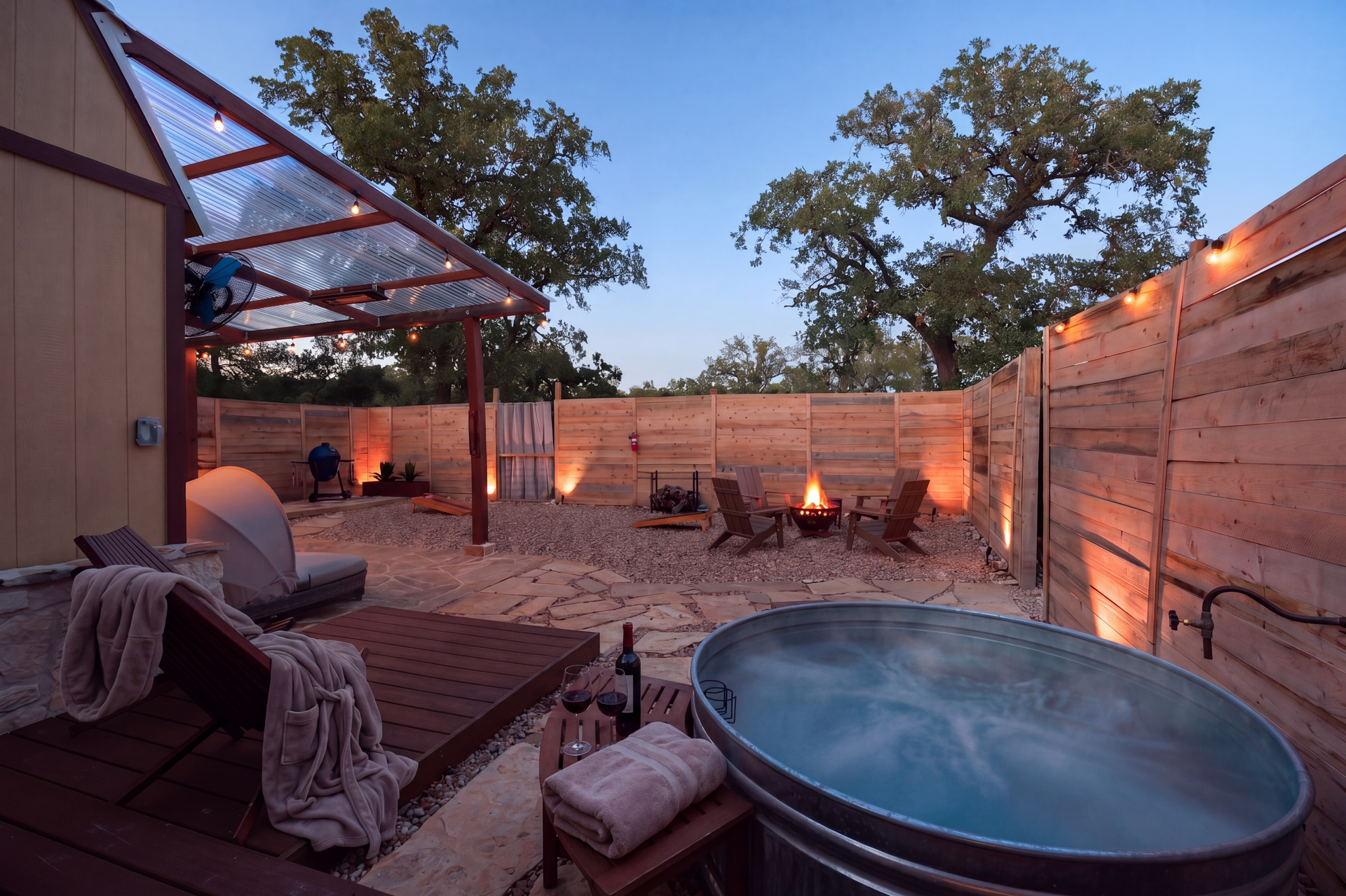 Salamandra private spa yard with sauna, soaking tub, and fire pit at sunset