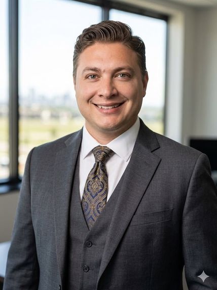 Smiling professional in gray suit and patterned tie standing in an office