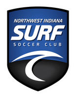 Logo for Northwest Indiana Surf Soccer Club: blue shield with white text and a surfing wave icon.
