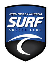 Logo for Northwest Indiana Surf Soccer Club: blue shield with white text and a surfing wave icon.