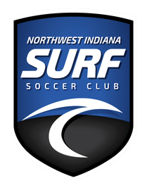 Logo for Northwest Indiana Surf Soccer Club: blue shield with white text and a surfing wave icon.
