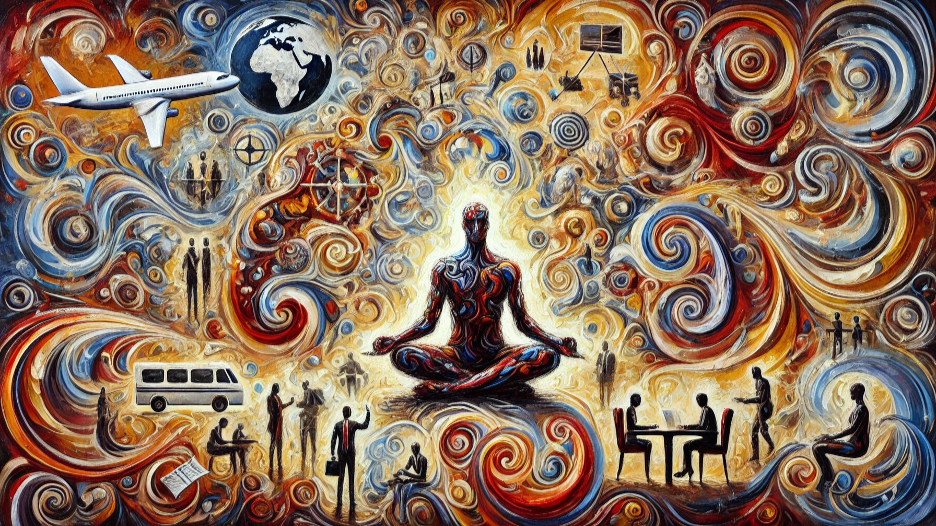 A painting of a man in a lotus position with a plane in the background.