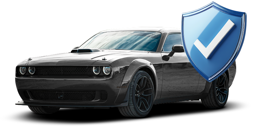 Black sports car with a blue shield check icon, suggesting vehicle safety or protection