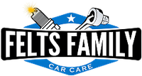 Felts Family Car Care logo with a spark plug, wrench, and blue badge design