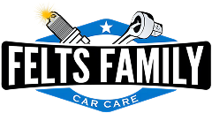 Felts Family Car Care logo with a spark plug, wrench, and blue badge design