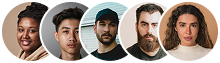 Five headshot portraits of diverse people in a horizontal row on a white background