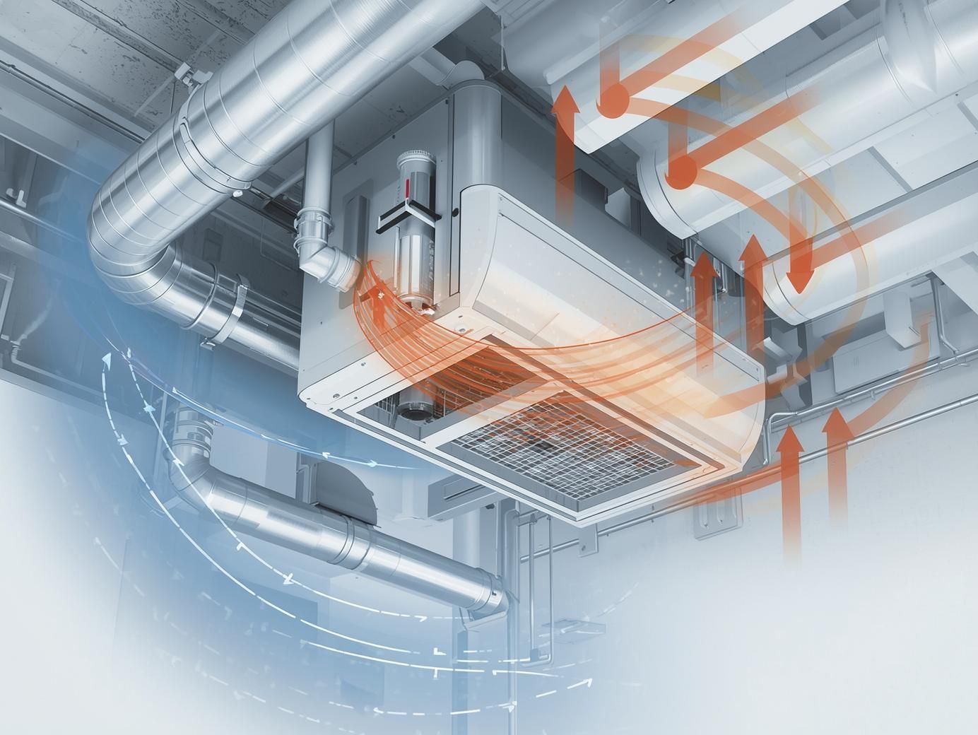 HVAC unit installed in a ceiling with air flow indicators. Orange arrows show air circulation.