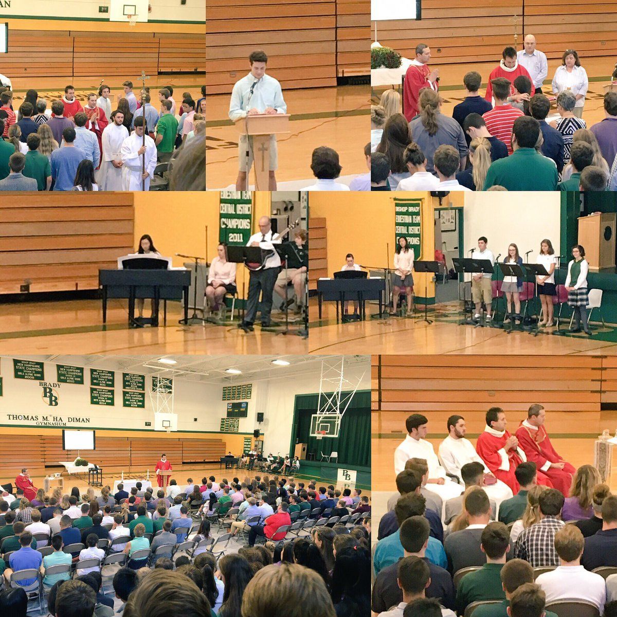 collage of images of students performing music in the gym