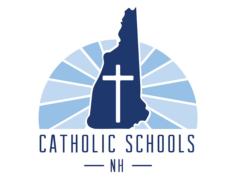 catholic schools logo with state outline, cross that is white and blue