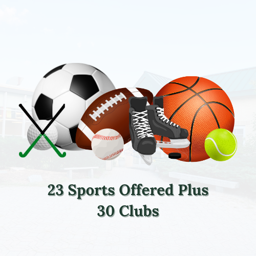 graphic of sports soccer ball, football hockey skates